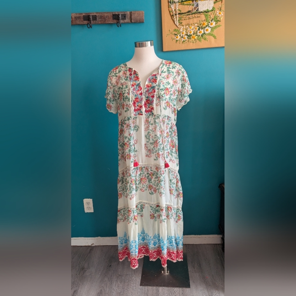 Johnny Was Holly Floral Print Midi Dress in cream embroidered boho hippie Small